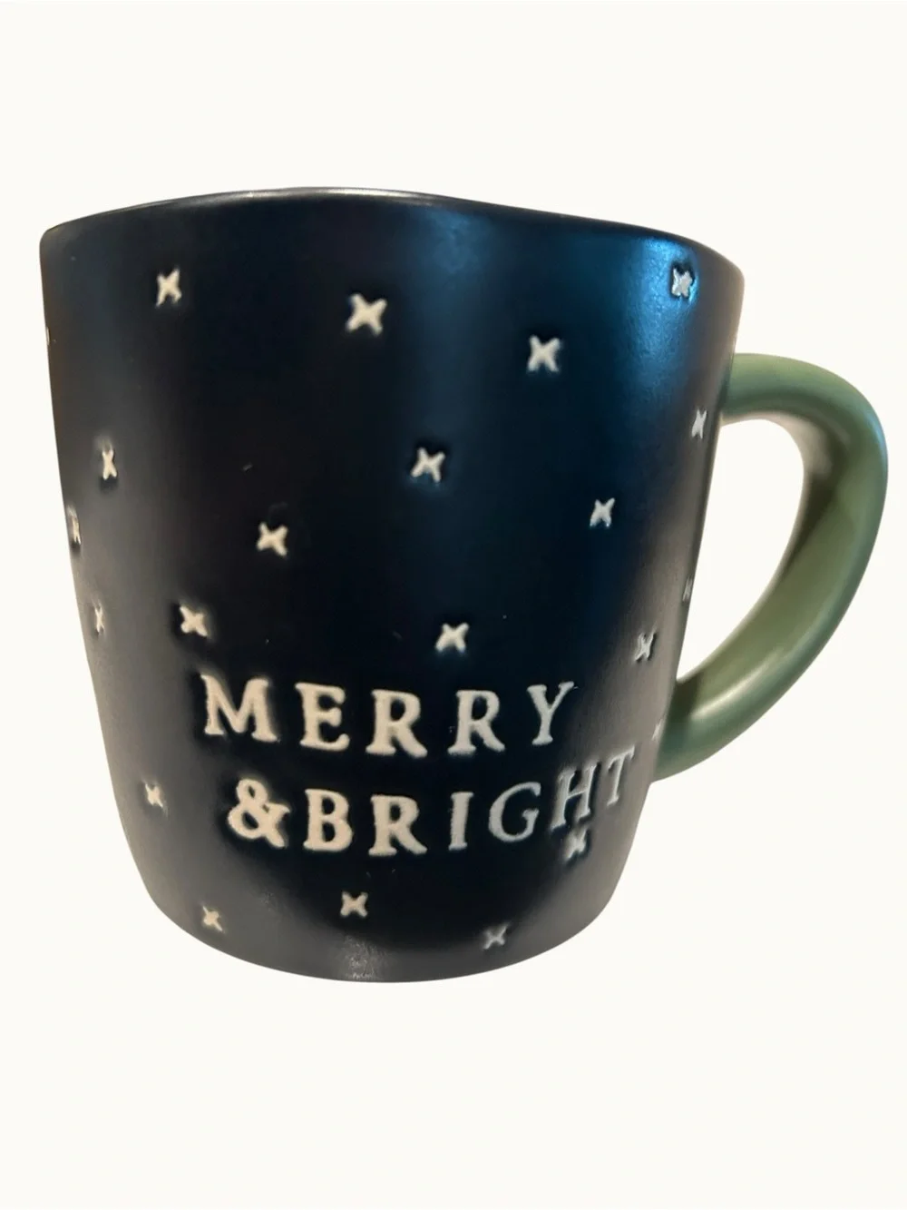 Hearth & Hand Merry & Bright Navy Coffee Stoneware Mug Green Handle NEW